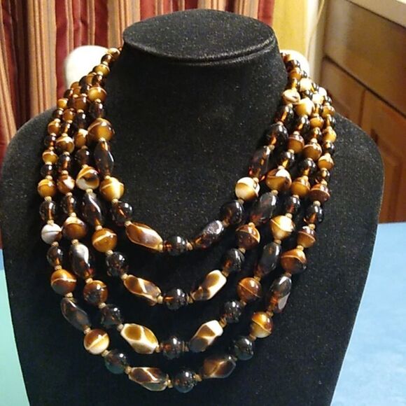 Faux Tiger Eye Graduated Shapes  & Sized Beads Multiple Strands Gold Tone - Picture 1 of 11